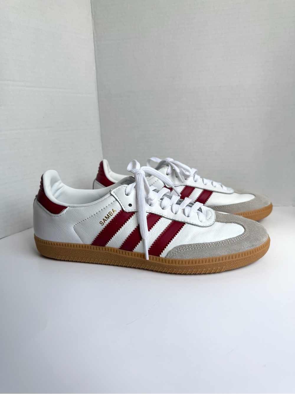 EUC Adidas Samba OG J Shoes Cloud White Collegiate Burgundy Gum Sz 7Y - Women 8